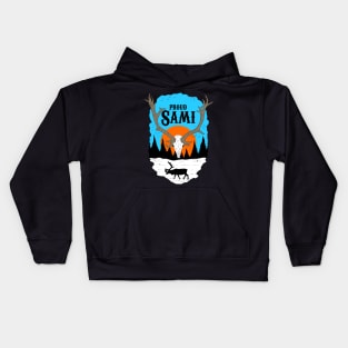 proud sami, sunset snow with a reindeer skull. Kids Hoodie